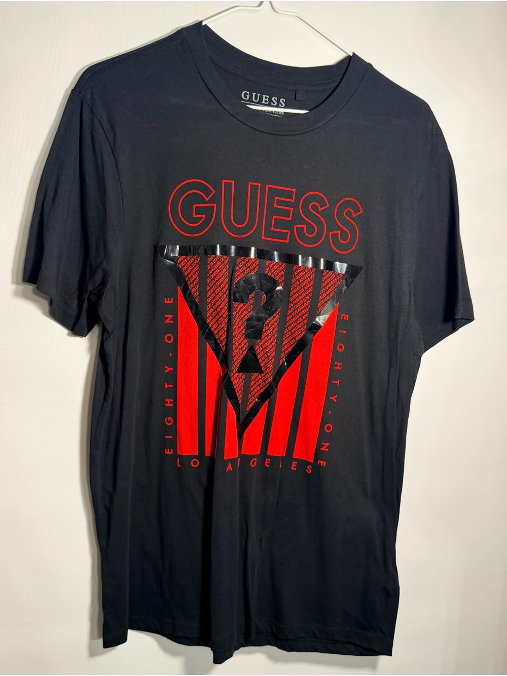 GUESS Black Tee with Red Graphic Triangle Logo